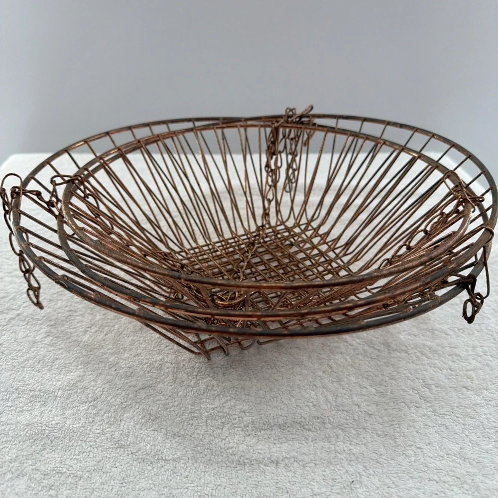 Vintage 3-Tier Metal Mesh Wire Hanging Baskets Collapsible Copper Fruit Plants